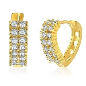 Valentine Gold 14k Plated CZ Huggie Hoop Earrings Double Row 1/4 ct Zirconia NIB